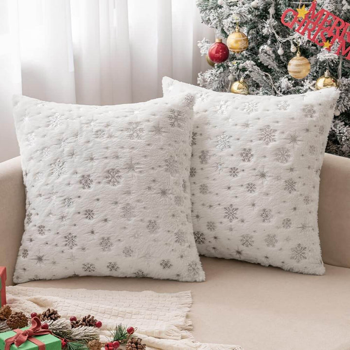 Faux Fur Winter Pillow Covers with Silver Snowflake Glitter Ivory 20x20-inch