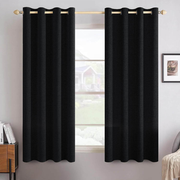 Linen Texture Thermal Insulated Grommet Curtains Black 52Wx63L-inch
