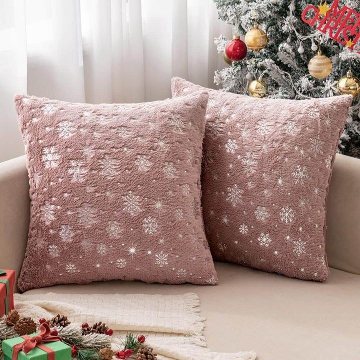 Faux Fur Winter Pillow Covers with Silver Snowflake Glitter Heather Pink 20x20-inch