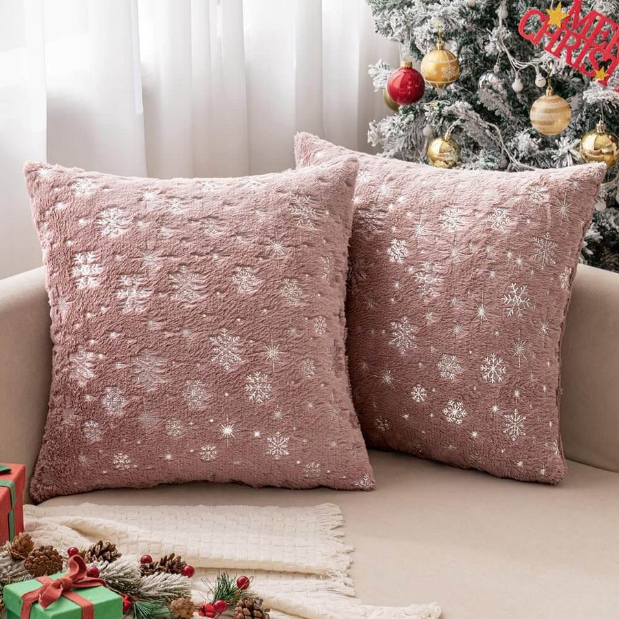 Faux Fur Winter Pillow Covers with Silver Snowflake Glitter Heather Pink 20x20-inch