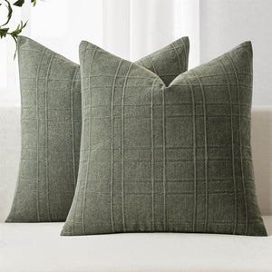 Linen Check Euro Shams Throw Pillow Covers Olive Green 22x22-inch