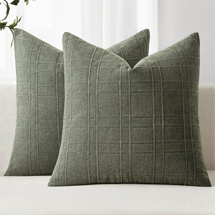 Linen Check Euro Shams Throw Pillow Covers Olive Green 22x22-inch