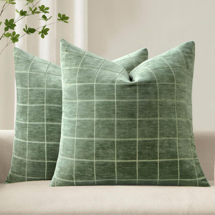 Vintage Chenille Plaid Couch Pillow Covers Sage Green 22x22-inch