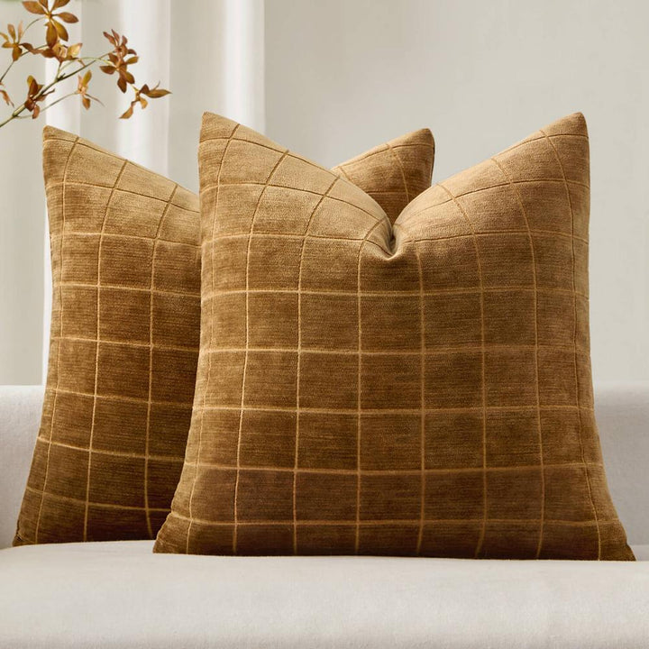 Vintage Chenille Plaid Couch Pillow Covers Brown Sugar 22x22-inch