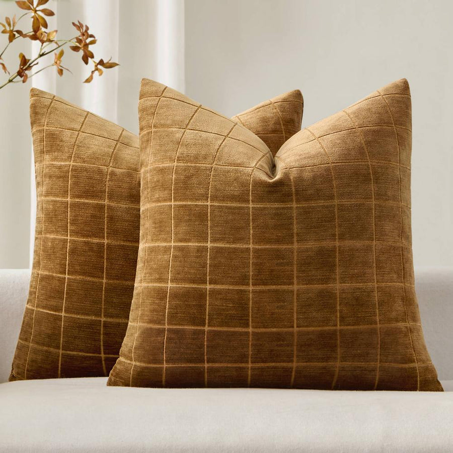 Vintage Chenille Plaid Couch Pillow Covers Brown Sugar 22x22-inch