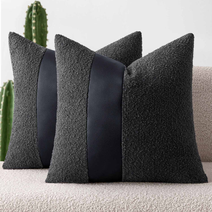 Faux Fur Leather Textured Throw Pillow Covers Black 20x20-inch