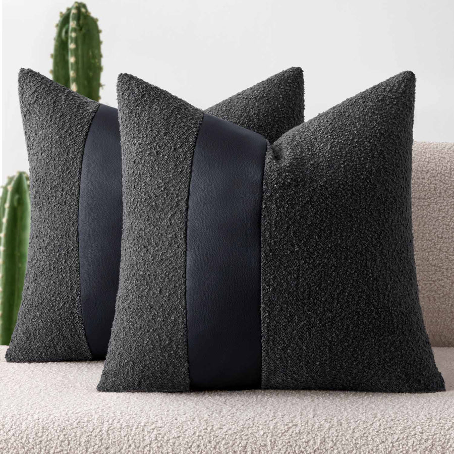Faux Fur Leather Textured Throw Pillow Covers Black 20x20-inch