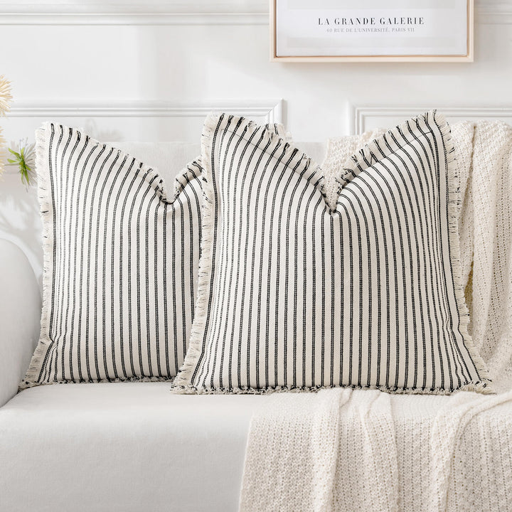 Striped Farmhouse Couch Throw Pillow Covers with Fringe Black 18x18-inch