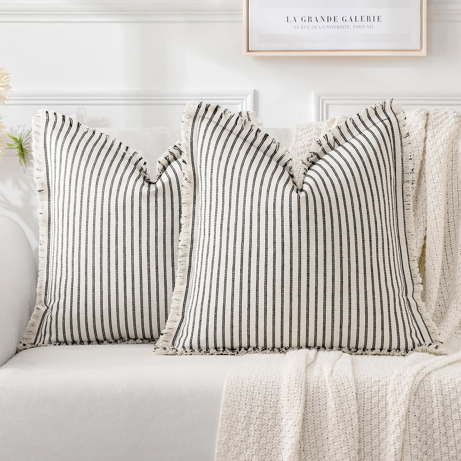Striped Farmhouse Couch Throw Pillow Covers with Fringe Black 18x18-inch