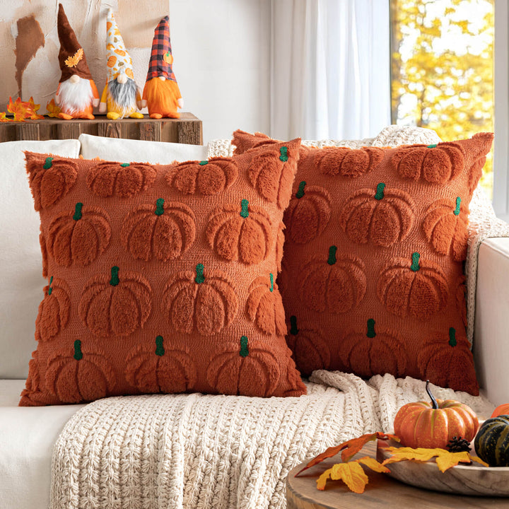 Soft Plush Faux Fur Fall Pumpkin Pillow Covers Rust Green Stem 18x18-inch