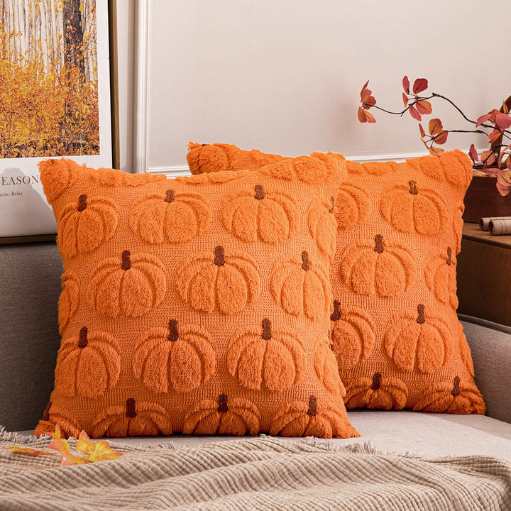 Soft Plush Faux Fur Fall Pumpkin Pillow Covers Orang Brown Stem 18x18-inch