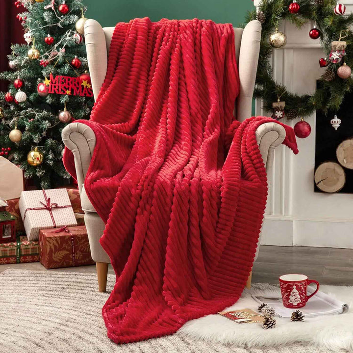 New-3D Ribbed Jacquard Fleece Flannel Velvet Plush Blankets Red 50x70-inch
