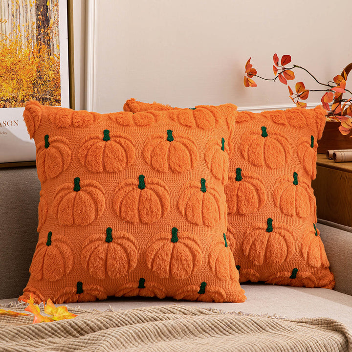 Soft Plush Faux Fur Fall Pumpkin Pillow Covers Orang Green Stem 18x18-inch