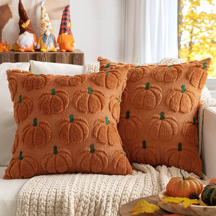 Soft Plush Faux Fur Fall Pumpkin Pillow Covers Dark Rust Green Stem 18x18-inch
