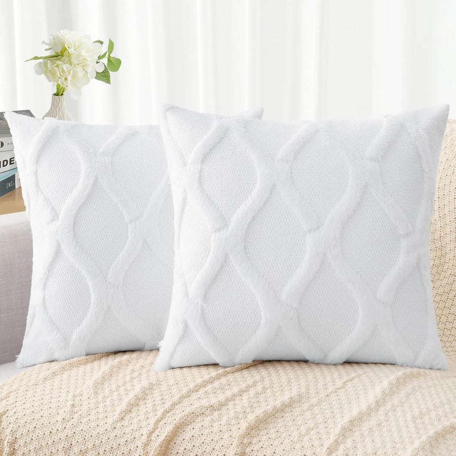 Soft Plush Faux Wool Couch Cushion Covers Pure White 20x20-inch