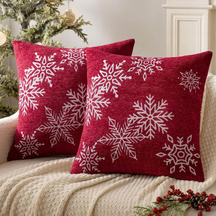 Chenille Throw Pillow Covers with Snowflake Red 18x18-inch