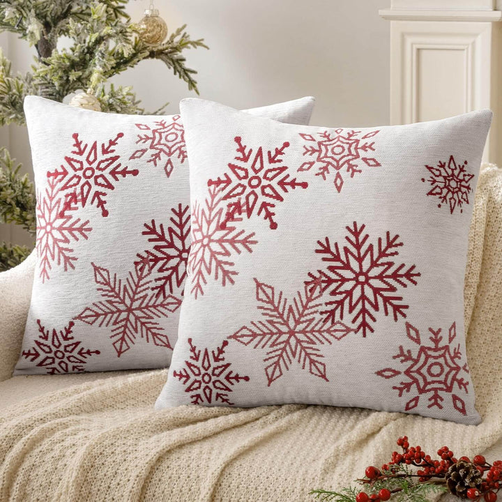 Chenille Throw Pillow Covers with Snowflake White and Red 18x18-inch