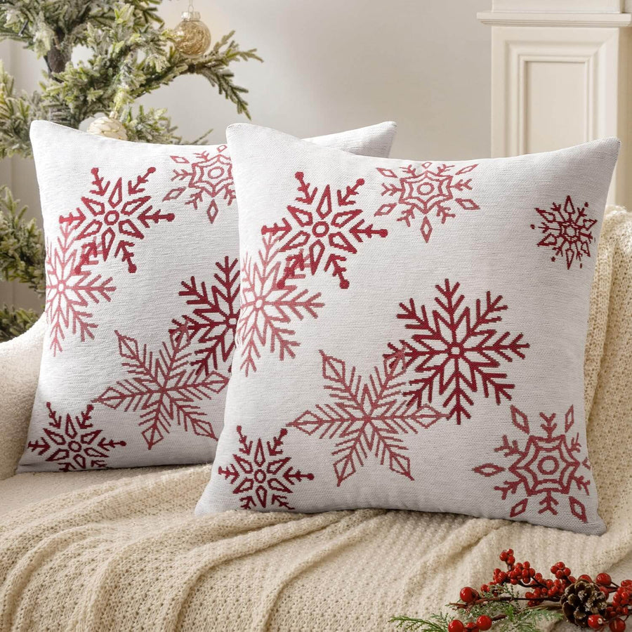 Chenille Throw Pillow Covers with Snowflake White and Red 18x18-inch