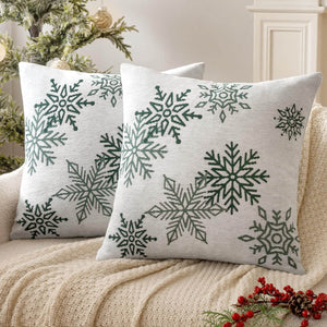 Chenille Throw Pillow Covers with Snowflake White and Green 18x18-inch