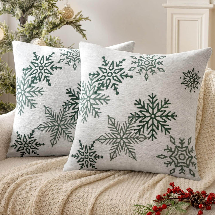 Chenille Throw Pillow Covers with Snowflake White and Green 18x18-inch