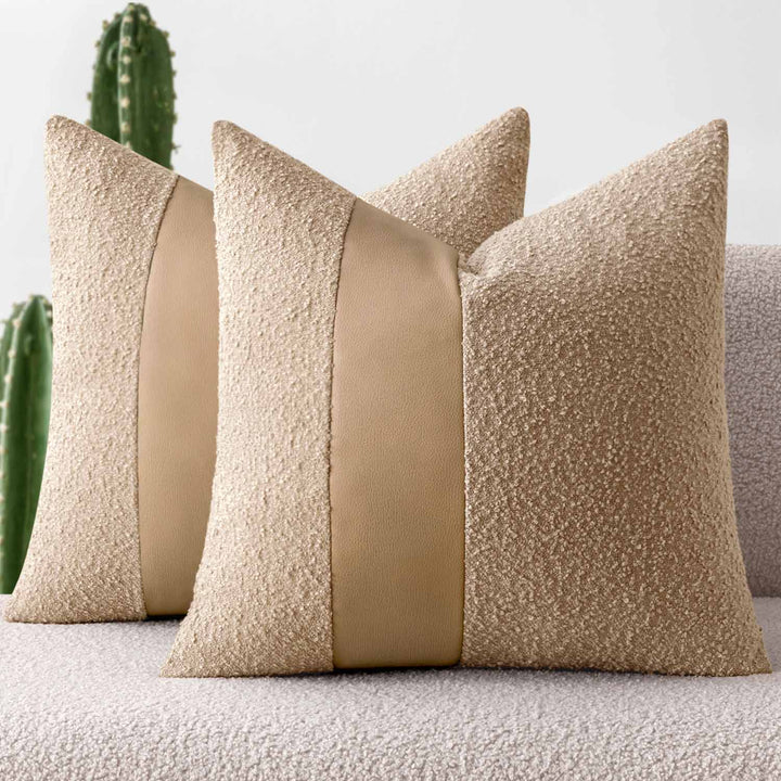 Faux Fur Leather Textured Throw Pillow Covers Khaki 18x18-inch