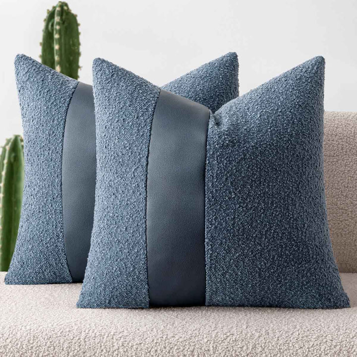 Faux Fur Leather Textured Throw Pillow Covers Denim Blue 18x18-inch
