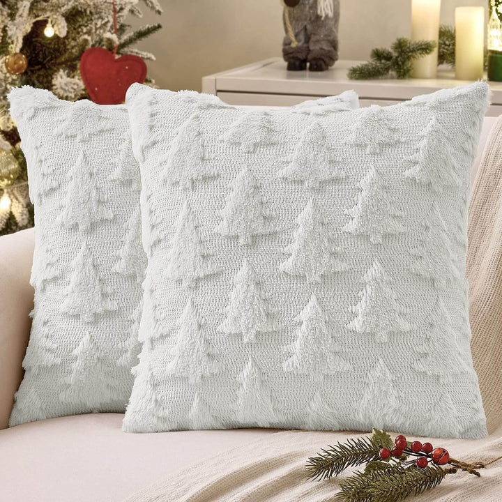 Christmas Tree Decorative Pillow Covers Faux Wool Pure White 18x18-inch