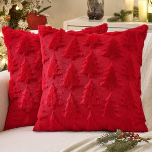 Christmas Tree Decorative Pillow Covers Faux Wool Red 16x16-inch
