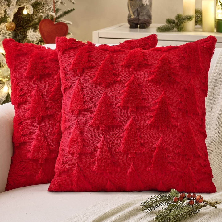 Christmas Tree Decorative Pillow Covers Faux Wool Red 16x16-inch