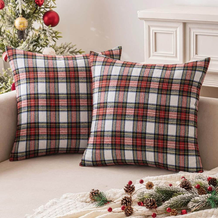Set of 2 Scottish Tartan Plaid Euro Sham Throw Pillow Covers Red and White 22x22-inch