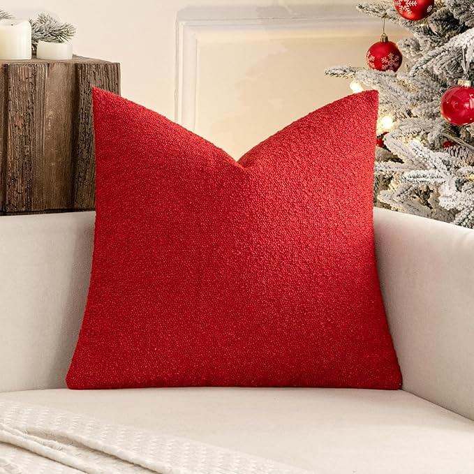 Textured Boucle Solid Eruo Sham Throw Pillow Cover Christmas Red 24x24Inch-inch