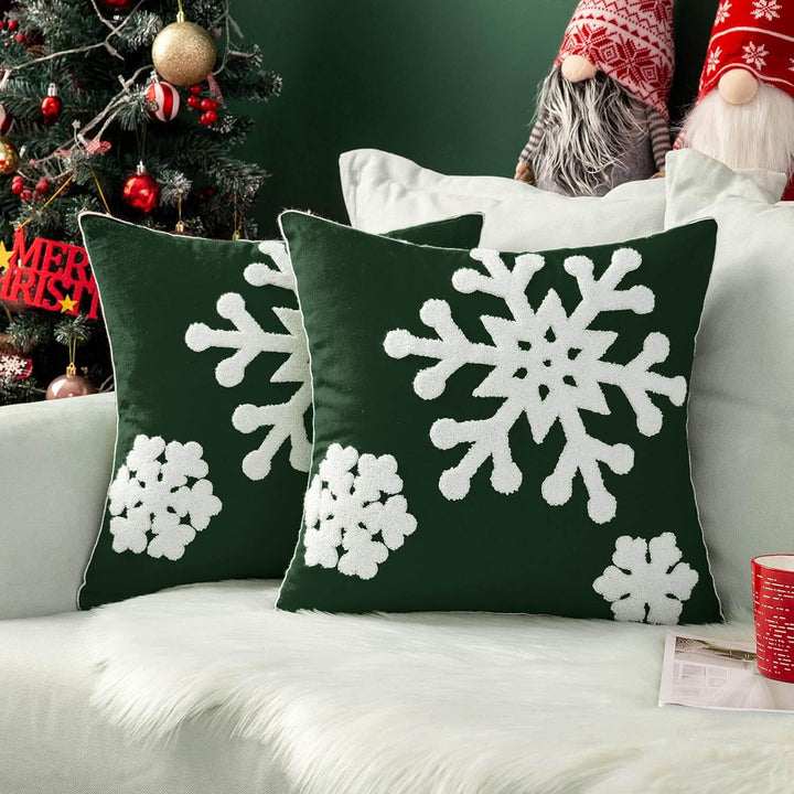 Decorative Embroidery Snowflake Throw Pillow Covers Dark Green 16x16-inch