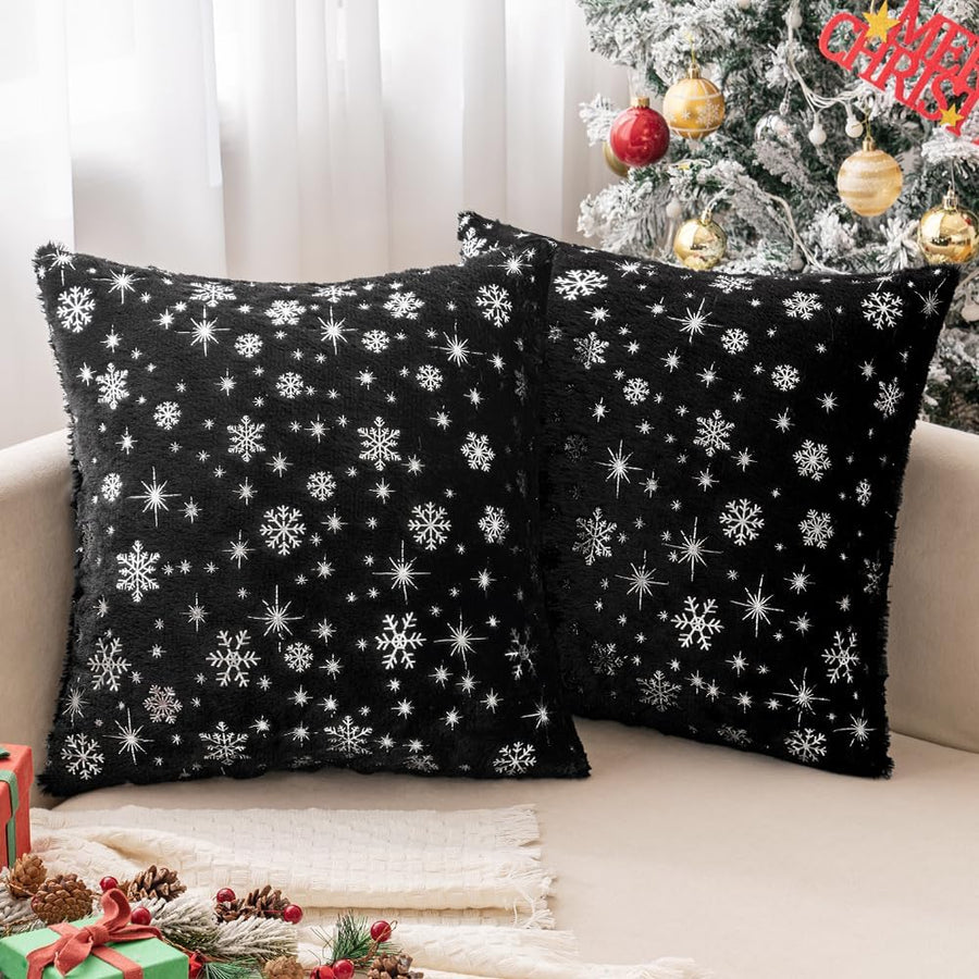 Faux Fur Winter Pillow Covers with Silver Snowflake Glitter Black 16x16 Pack of 2