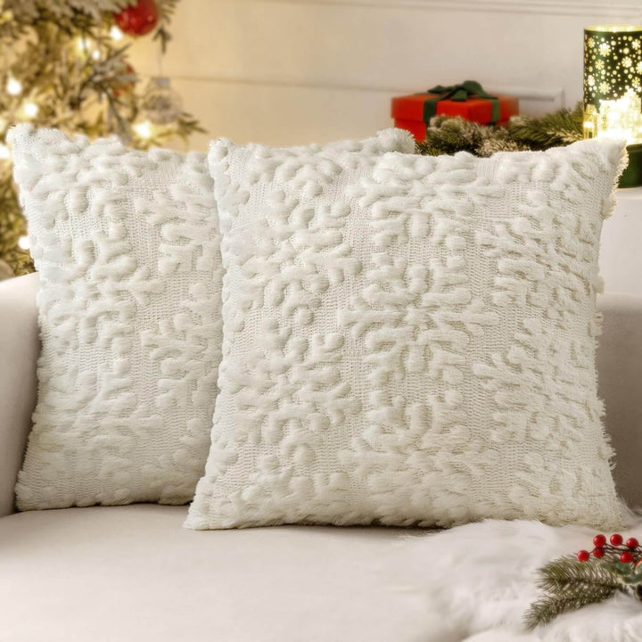 Snowflakes Christmas Faux Wool Winter Festival Pillow Covers Cream White 16x16-inch
