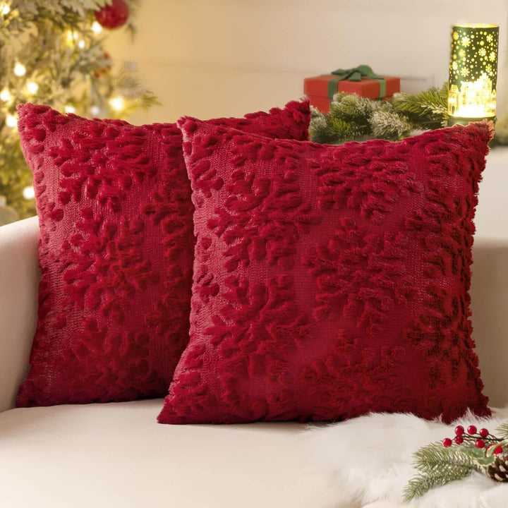 Snowflakes Christmas Faux Wool Winter Festival Pillow Covers Burgundy Red 20x20-inch