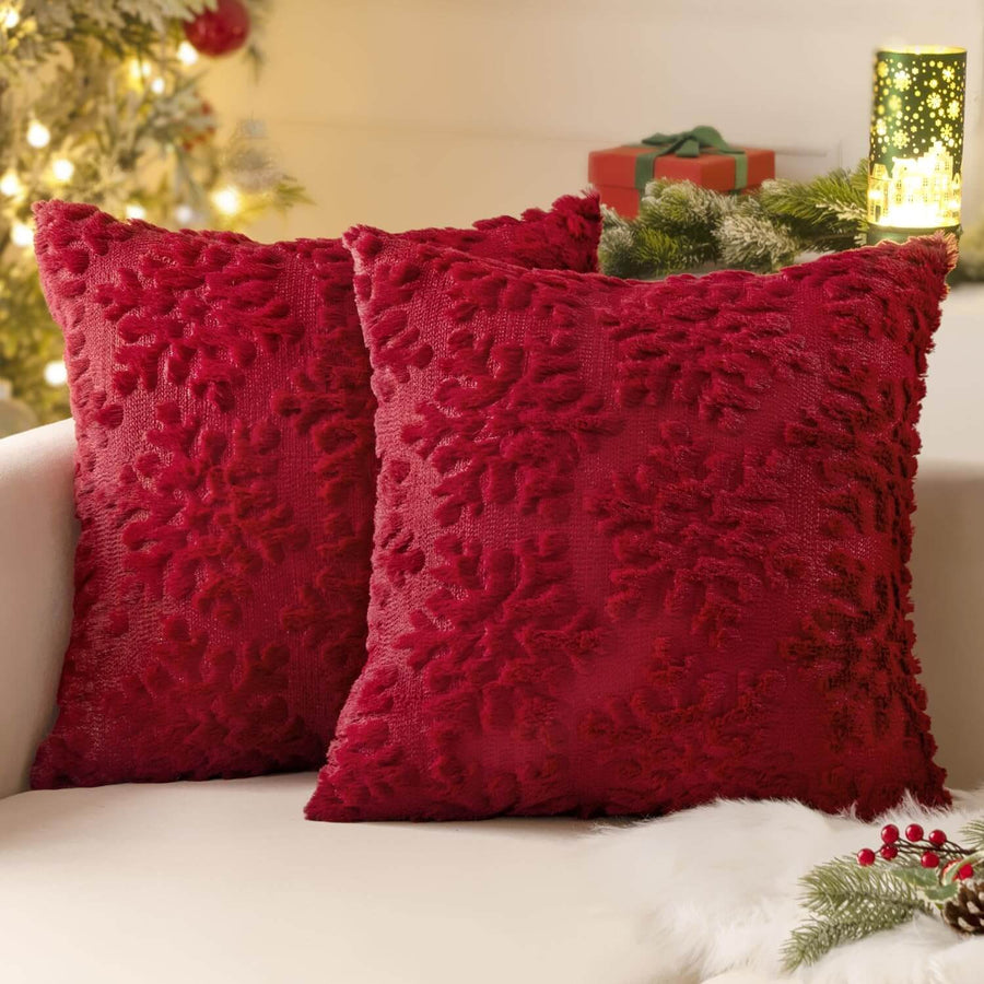 Snowflakes Christmas Faux Wool Winter Festival Pillow Covers Burgundy Red 20x20-inch