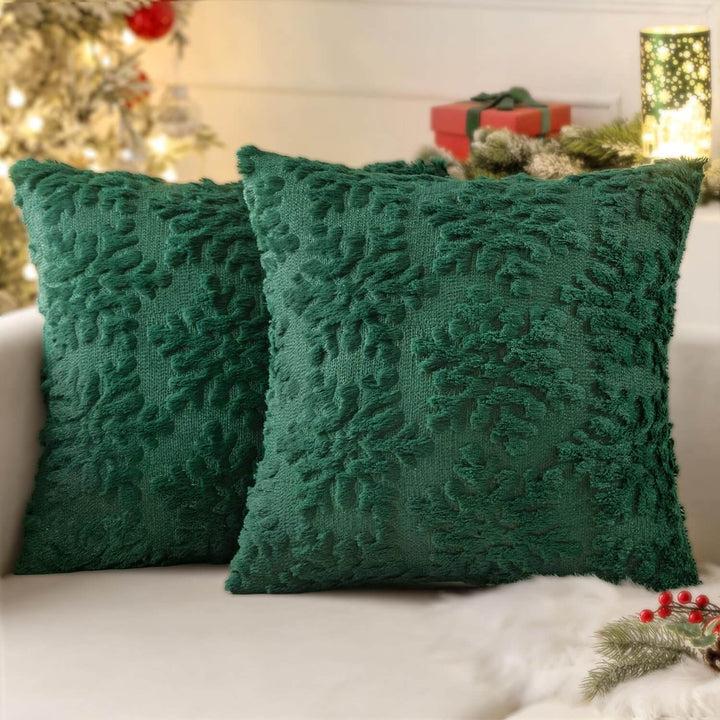 Snowflakes Christmas Faux Wool Winter Festival Pillow Covers Dark Green 18x18-inch