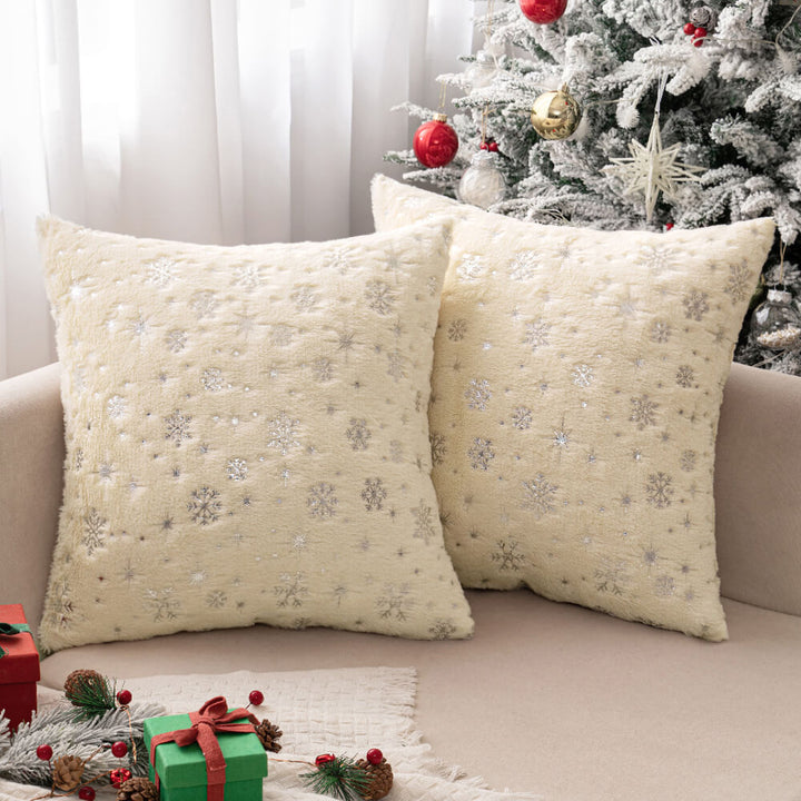 Faux Fur Winter Pillow Covers with Silver Snowflake Glitter Beige 18x18 Pack of 2