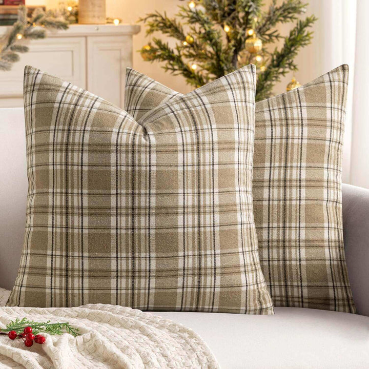 Farmhouse Scottish Tartan Plaid Throw Pillow Covers Khaki and White 24x24
