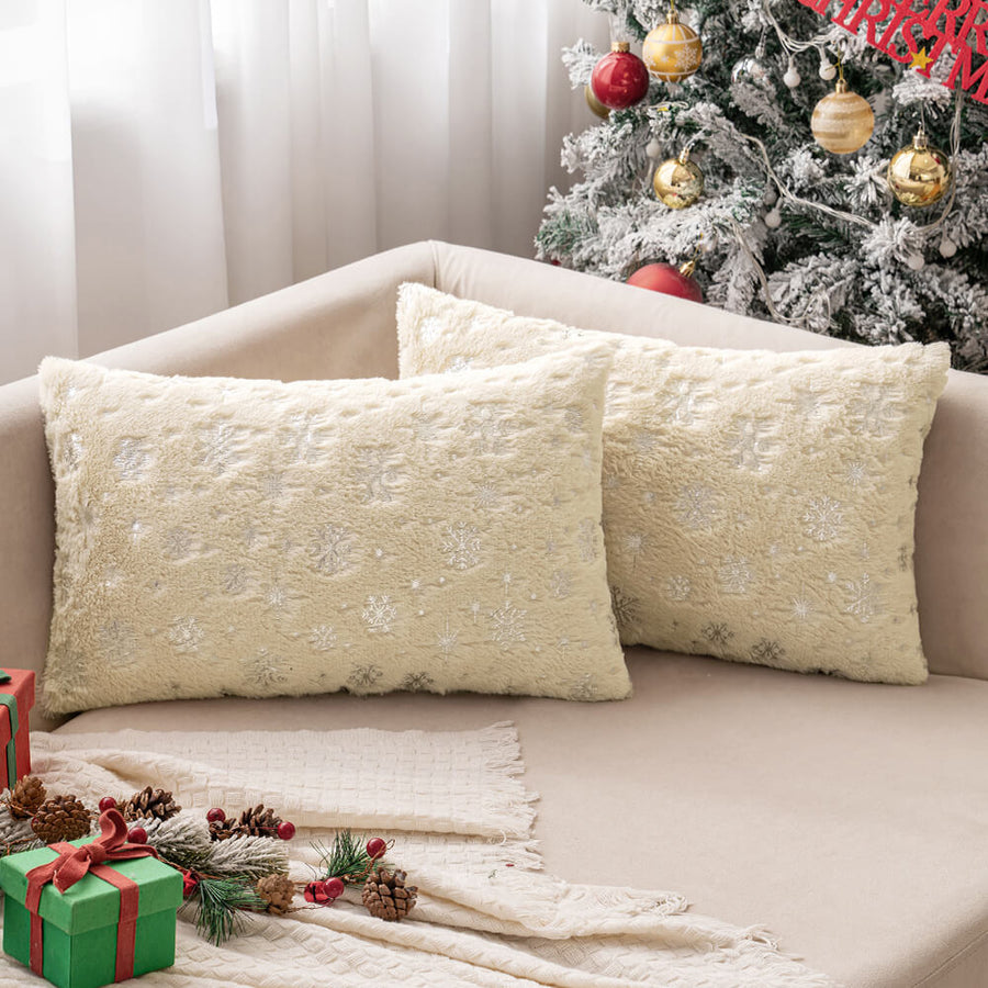 Faux Fur Winter Pillow Covers with Silver Snowflake Glitter Beige 20x12 Pack of 2