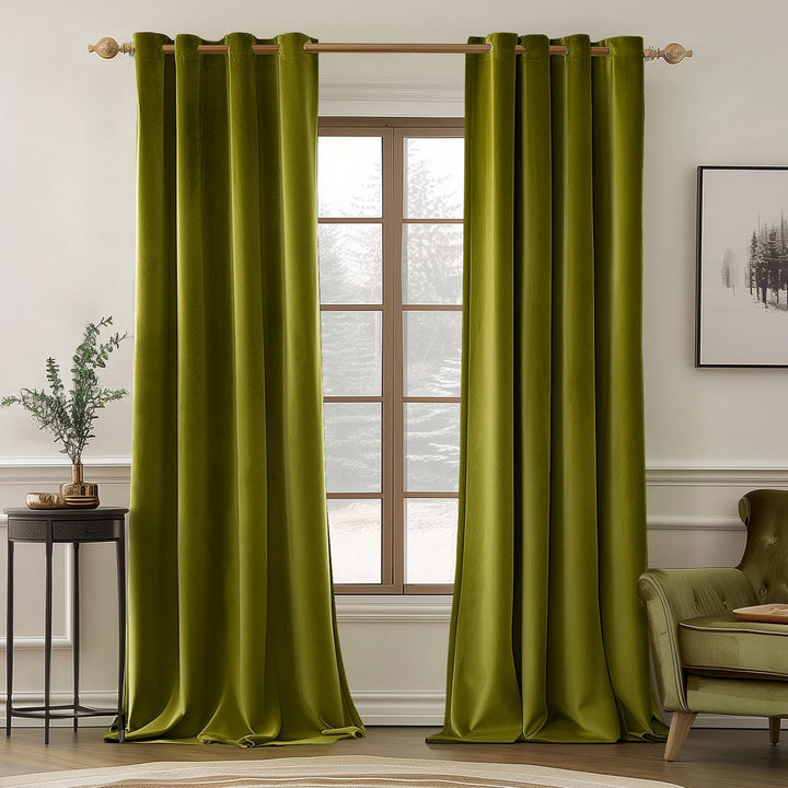 Elegant Grommet Velvet Thermal Insulated Curtains Olive 52Wx84L-inch