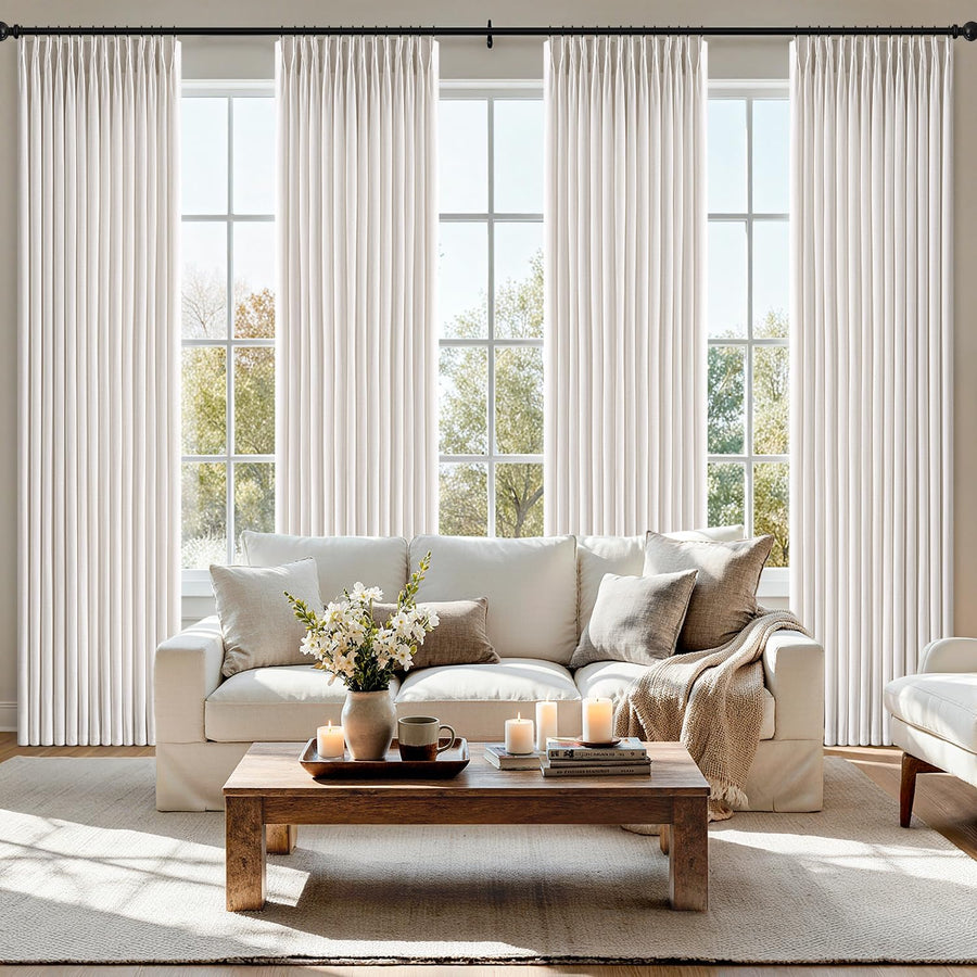 Pinch Pleated Thick Linen Curtains 4 Panels Beige White 40Wx102L-inch