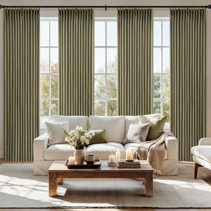 Pinch Pleated Thick Linen Curtains 4 Panels Olive Green 40Wx96L-inch