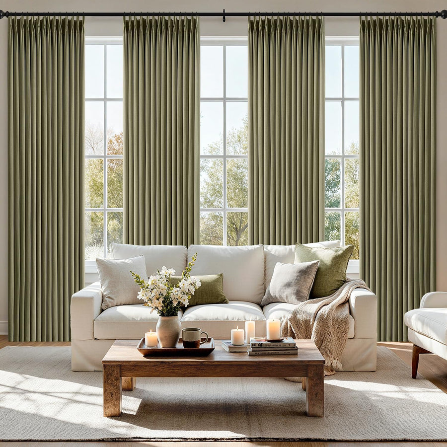 Pinch Pleated Thick Linen Curtains 4 Panels Olive Green 40Wx102L-inch