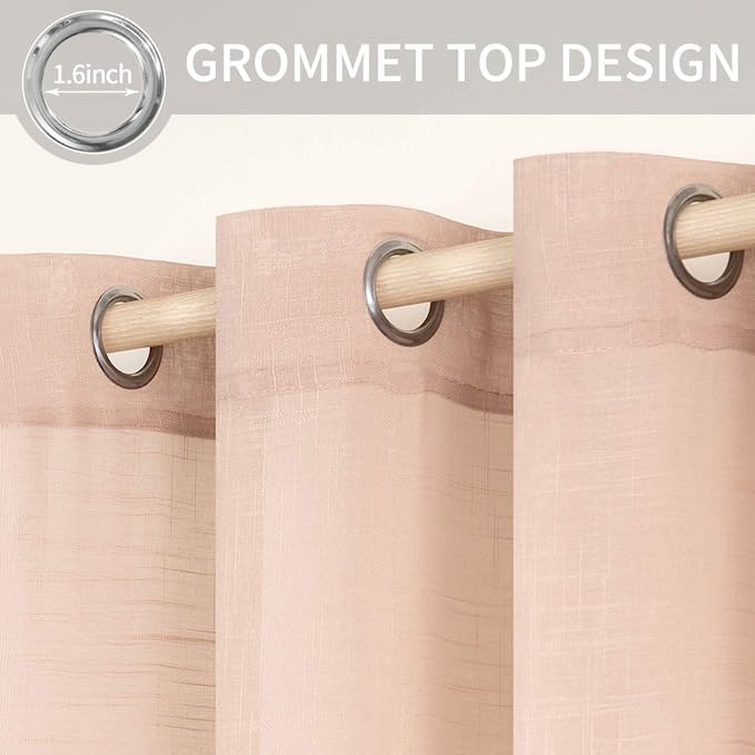 2 Panels Natural Linen Semi Elegant  Grommet Top Sheer Curtains Dusty Blush, (52X72 Inch)